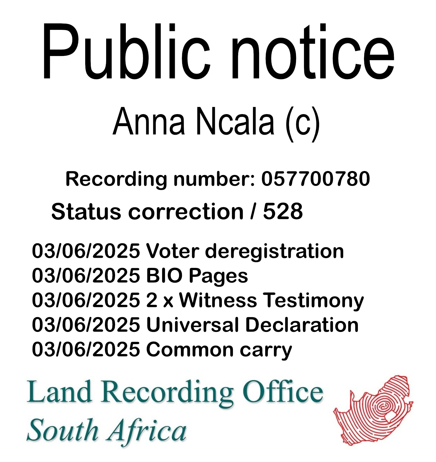 Public notice Anna Ncala (c) Recording number 057700780